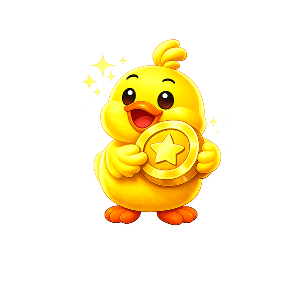 Lucky Duck mascot holding a star coin